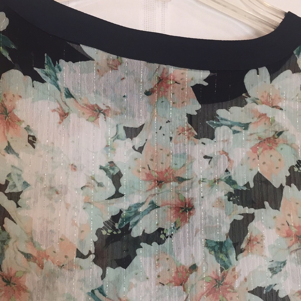 LIZ Claiborne 1X Sheer Blouse Floral PIT TO PIT 26"  corals, greens, Preworn - Picture 7 of 15